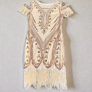Flapper Dress XL Sequin Beaded Showgirl Fringe 20s Gatsby Burlesque New Years